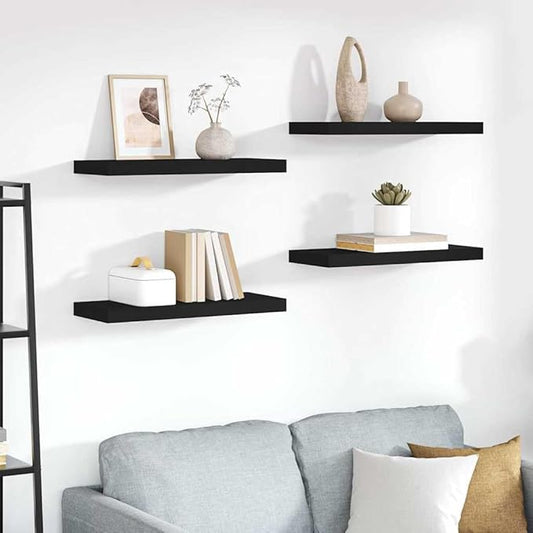 Set of 4 Floating Wall Shelves, Modern Rectangular MDF Shelving Units for Bedroom, Living Room, and Office Storage, Matte Black, 23.6-Inch