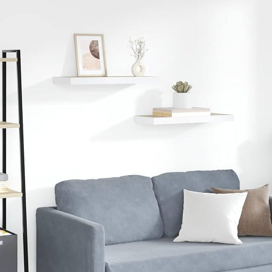 Floating Wall Shelves Set of 2, Invisible Mounting Modern Display Shelves for Living Room Bedroom, 23.6 Inch Oak and White MDF Board with Metal Frame, Holds 15.4lb Each for Decor Books Plants