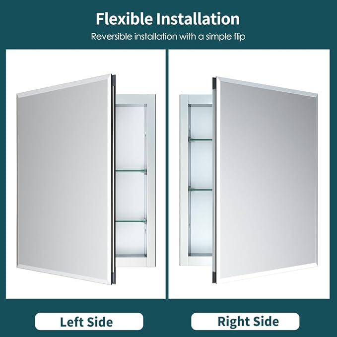 Movo Medicine Cabinet with Mirror, 24 Inch x 30 Inch Aluminum Mirror Cabinet with Single Door, Bathroom Medicine Cabinet, Surface Mount or Recess Installation