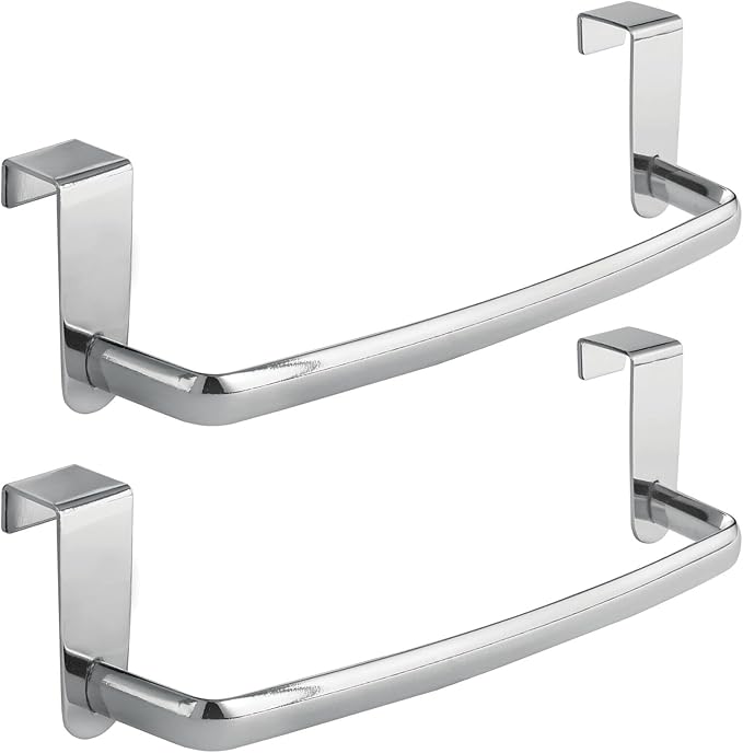 mDesign Steel Metal Wire Over Cabinet Towel Rack Storage Organizer - Hang on Cabinet or Door - Towel Bar Holder for Kitchen - Holds Hand Towels, Washcloths - Spira Collection, 2 Pack, Chrome