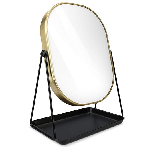 Navaris Vanity Mirror with Tray - Table Top Mirror with Metal Stand and Storage - 7" x 9" Mirror Size - for Makeup, Tabletop, Desk - Gold Finish