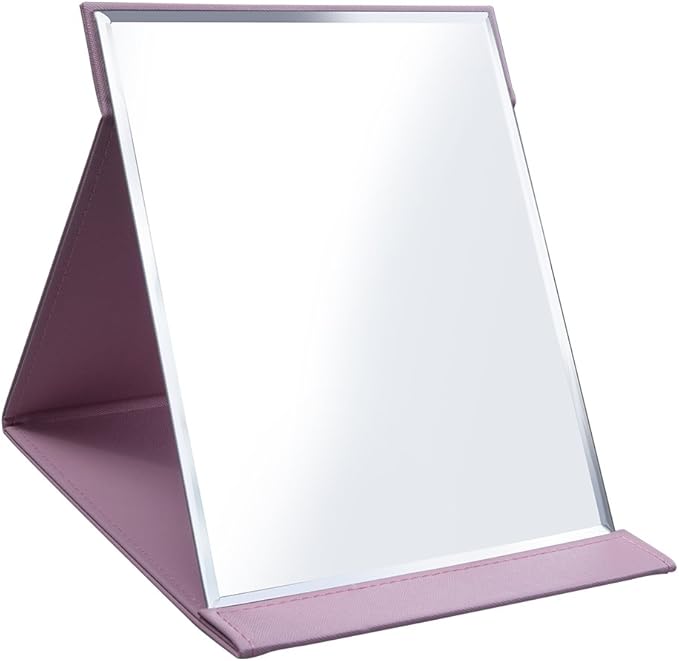 LONGSHENG - SINCE 2001 - Protable PU Leather Mirror Folding Desktop Makeup Mirror with Adjustable Stand for Personal Use,Travelling (L, Pink)