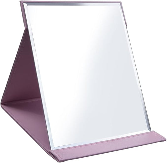 LONGSHENG - SINCE 2001 - Protable PU Leather Mirror Folding Desktop Makeup Mirror with Adjustable Stand for Personal Use,Travelling (L, Pink)