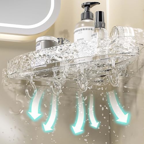 Wall-Mounted Suction Cup Bathroom Shelf Holder, No Drill Acrylic Storage Rack in Light Luxury Glacier Pattern with 4 Hooks - Clear Suction Cup Organizer for Easy Storage