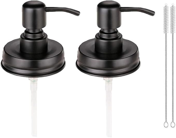 2 Pack Mason Jar Soap Dispenser Lids with Pumps, Rustproof Stainless Steel Lotion Dispenser Lids Replacement for 16 oz Regular Mouth Mason Jar Decor, 2 Brushes Included Black