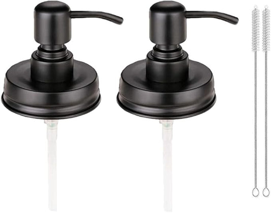 2 Pack Mason Jar Soap Dispenser Lids with Pumps, Rustproof Stainless Steel Lotion Dispenser Lids Replacement for 16 oz Regular Mouth Mason Jar Decor, 2 Brushes Included Black