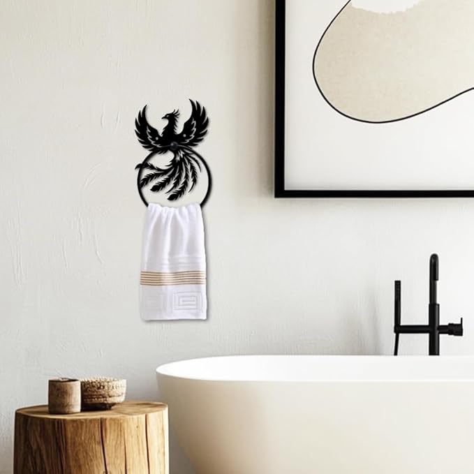 MAYJOYDIY Phoenix Metal Towel Ring Round Animal Hand Towel Holder Ring Hanger Wall Mount Black Vintage Towels Wall Organizer for Kitchen Bath Home Laundry Room Decors Gifts
