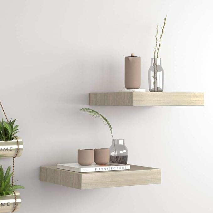 Floating Wall Shelves 2 Pack Oak Wood Look Display Rack with Invisible Mounting System for Living Room Bedroom Office Decor 9.1x9.3 Inches