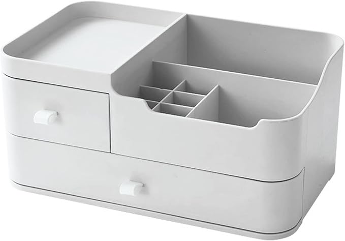 Makeup Desk Cosmetic Storage Box Organizer with Drawers for Brushes, Eyeshadow, Lotions, Lipstick and Nail Polish, Ideal for Dresser,Bathroom Vanity (White)