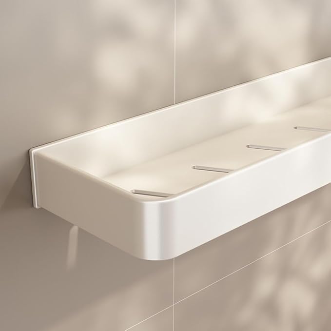 2-Tier Floating Shelf with Removable Hooks, Bathroom Shelves Wall Mounted (White)