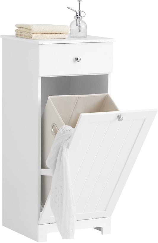 SoBuy Slim Tilt-Out Laundry Hamper Cabinet, Smal Pull-Out Bathroom Storage Unit with Shelf&Drawer, Narrow Hidden Basket Chest Bath Cupboard, White BZR21-W