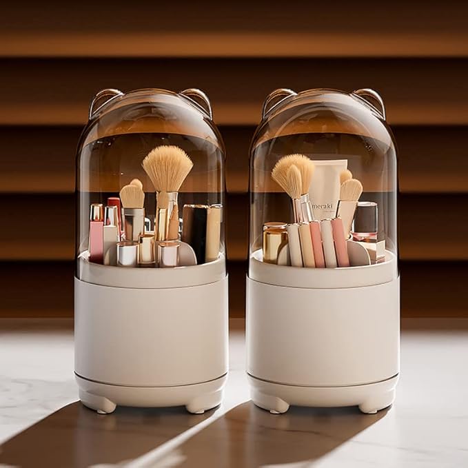 Rotating 360 Makeup Brush Holder Organizer with Lid Storage for with Clear Acrylic Spinning Cosmetics Holders Storage Cup for Vanity Desktop Bathroom Countertop