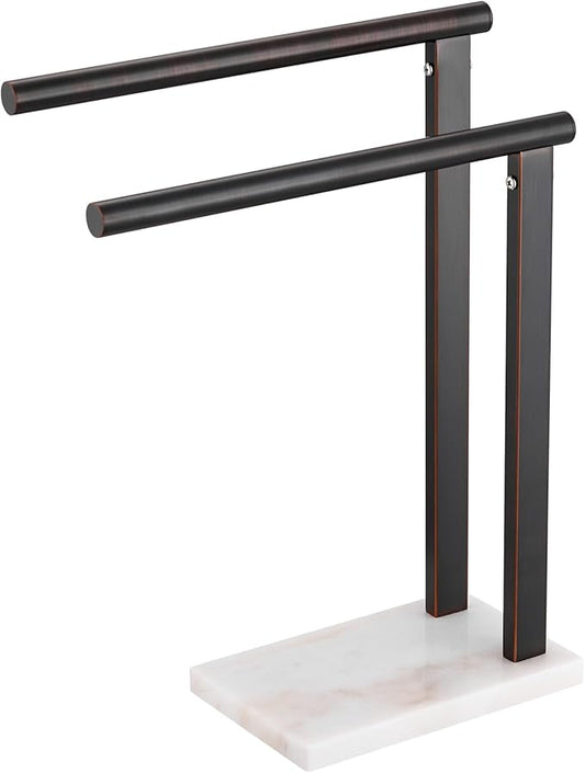KOKOSIRI Hand Towel Bars Stand Towel Rack 2-Tier with Marble Base for Bathroom Vanity Countertop, Oil Rubbed Bronze Stainless Steel 15.7'' Height THS0007-ORB