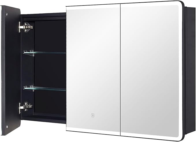 IDYLLOR Lighted Bathroom Medicine Cabinet with Round Corner Framed Mirror Door 40 x 25.5 inch, Recessed or Surface Mount, with Adjustable Glass Shelves