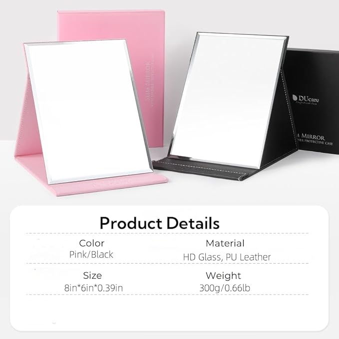 DUcare Folding Mirror Portable Travel PU Portable Adjustable Rectangular Ultrathin Vanity Mirror with Stand Black