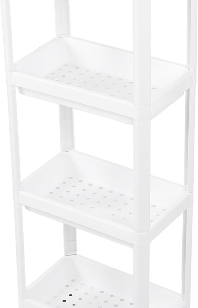 Narrow Freestanding Bathroom Shelf, Space Saving Storage Rack White Laundry Shelf for Bathroom Laundry Room Kitchen Bedroom Compact Areas (4 Layers (with Wheels))