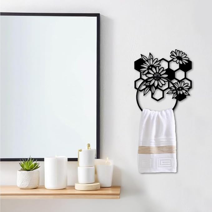 MAYJOYDIY Beehive Flowers Metal Towel Ring Honeycomb Towel Holder for Wall Flowers Leaves Plants Black Art Towel Rack Wall Mounted for Bathroom Garden Kitchen Home Decors Gift