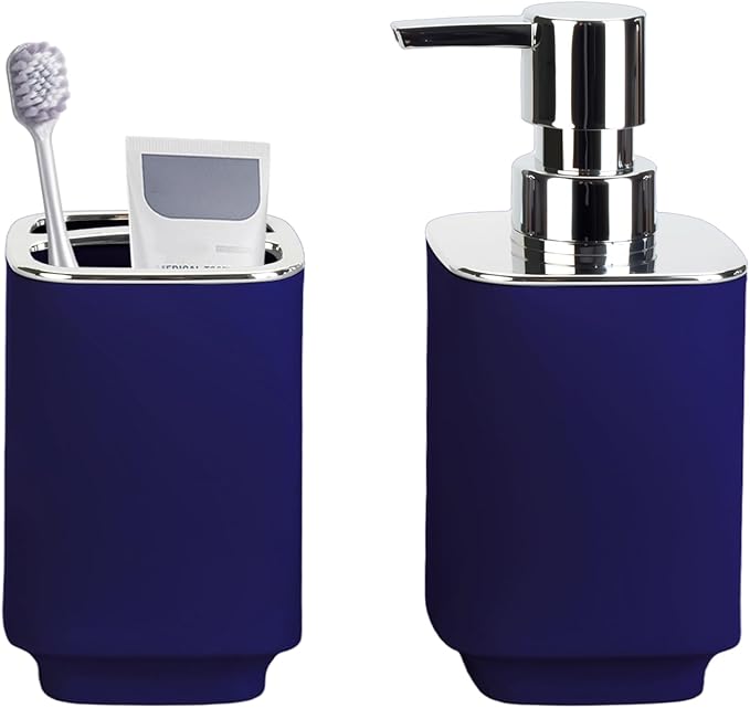 Navy Blue Bathroom Accessories 2 Pieces, Soap Dispenser and Toothbrush Holder Set for Boho Bathroom