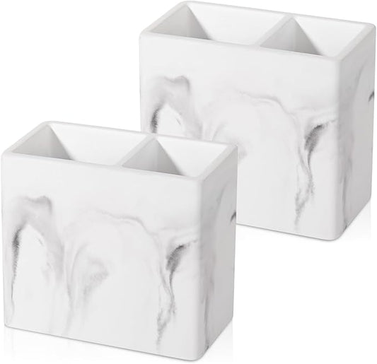 Diatomite Toothbrush Holder 2 Slots Tooth Brush Holder for Bathroom, Kids Electric Toothbrush and Toothpaste Organizer for Countertop, Shower, Vanity, 2 Pack, Marble White