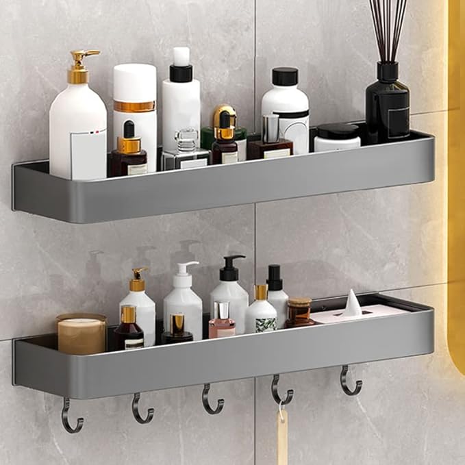 Keenso Gray Space Aluminum Bathroom Shelf, Wall Mounted Storage Rack, Drain, Hollow Design, Large Capacity, 30cm (Singler Layer with Hook)