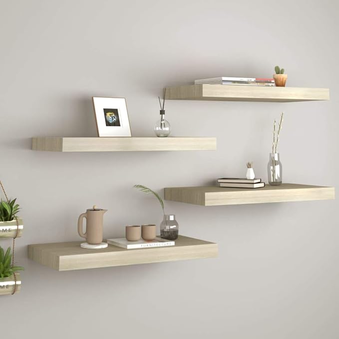 Floating Wall Shelves 4 Pack Oak Wood Display Rack 23.6x9.3x1.5 Inches MDF Board with Invisible Mounting System for Living Room Bedroom Home Decor Storage Organizer