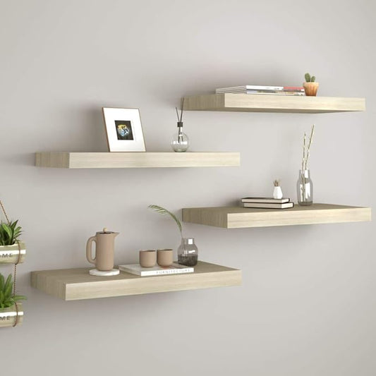 Floating Wall Shelves 4 Pack Oak Wood Display Rack 23.6x9.3x1.5 Inches MDF Board with Invisible Mounting System for Living Room Bedroom Home Decor Storage Organizer