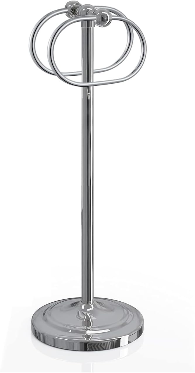 304 Stainless Steel Free Standing Bathroom Towel Rack & Towel Ring - 16Inch Non-Slip Base Floor Standing Towel Holder with Double Oval Rings for Bathroom, Bathtub (Sliver Chrome)
