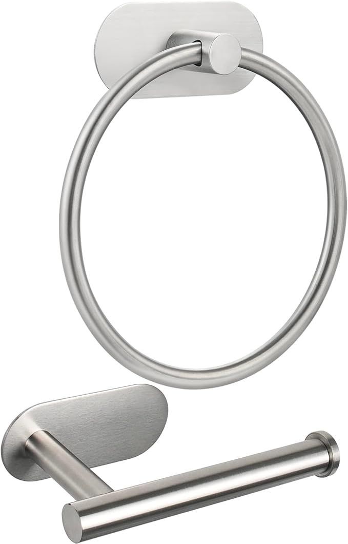 Self Adhesive Towel Ring and Toilet Paper Holder, No Drilling Stainless Steel Bathroom Hardware Set, Sturdy Bathroom Accessories for Home or Kitchen, Wall Mounted (Brushed Nickel)