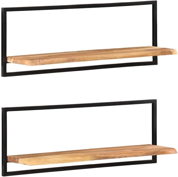 Wall Shelf Set of 2, Rustic Live Edge Acacia Wood Floating Shelves with Industrial Metal Brackets, 39.4 Inch Wall Mounted Storage Shelves for Living Room Bedroom Office, Brown
