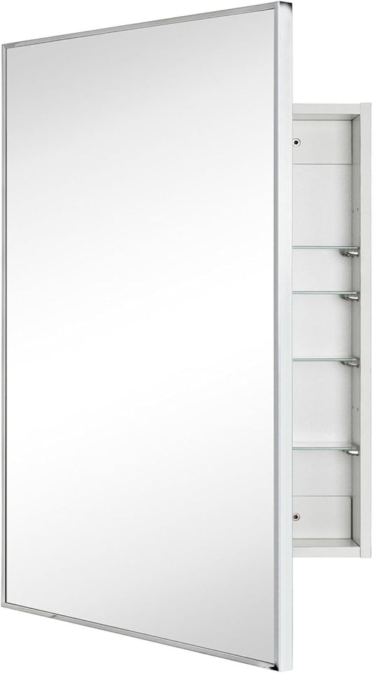 TEHOME 24'' x 30'' Chrome Recessed and Surface Mount Bathroom Medicine Cabinet with Mirror Square Cornered Metal Framed Rounded Rectangle Medicine Cabinet Mirror