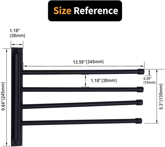 Swivel Hand Towel Bar Bathroom Swing Hanger Towel Rack Holder Matte Black Finish, Wall Mounted, 4-Arm