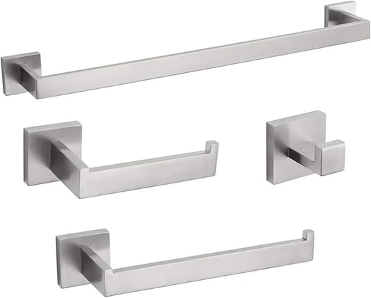 4-Piece Bathroom Hardware Set, Towel Rack Towel Bar Towel Holder Toilet Paper Holder Towel Hooks Modern Square Premium Stainless Steel Brushed Nickel Wall Mounted Bathroom Accessories Set (16inch)