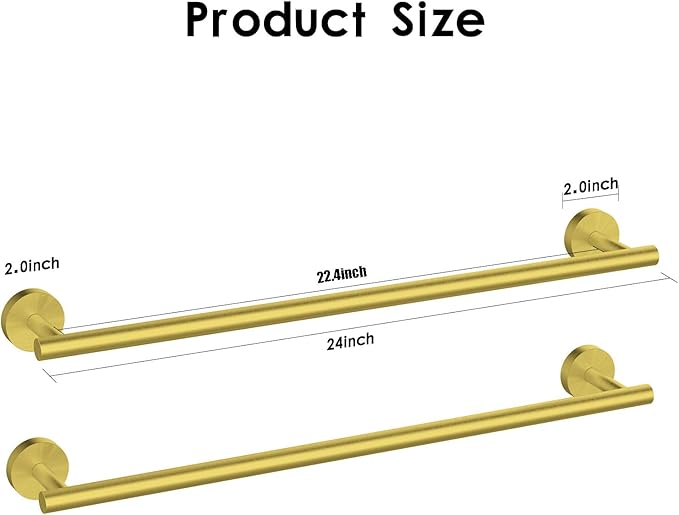 Newfun 24 Inch Brushed Gold Bath Towel Bar, 2Pcs Towel Racks for Bathroom Rod Classic SUS304 Stainless Steel Bathroom Towel Holder Wall Mounted