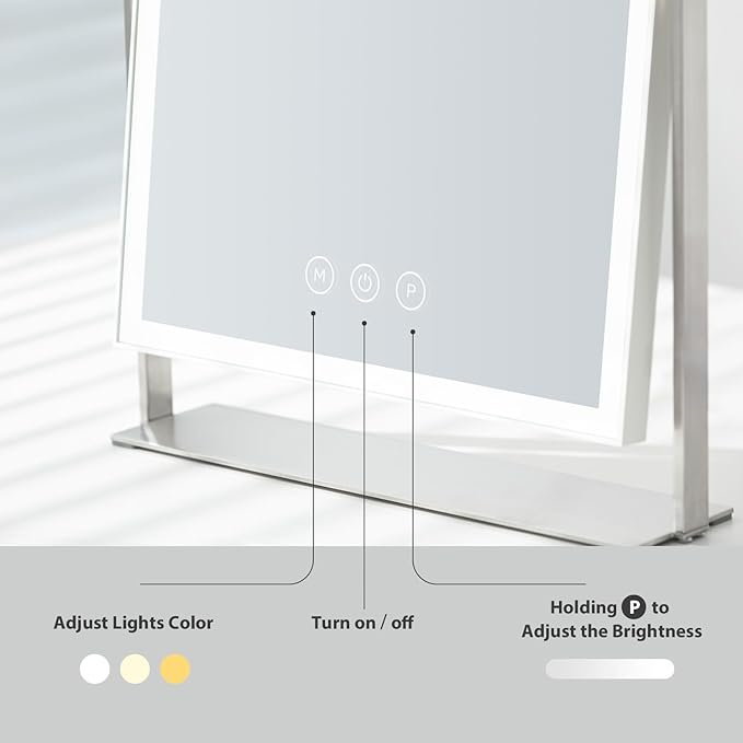 NEZZOE Rechargeable Vanity Mirror with Lights, Table Mirror with Stand, Makeup Mirror with 3 Colors and Brightness Adjustable, 3000mAh Battery, 14×10 Inch