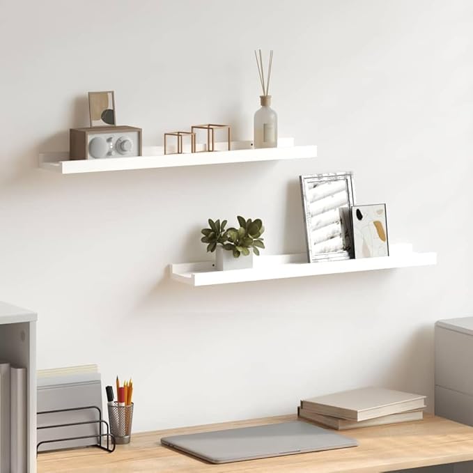Set of 2 Picture Ledge Shelves 23.6 inch Wall Mounted Floating Shelf for Photo Frames, Modern MDF Display Rack for Living Room, Bedroom, and Office Decor, White