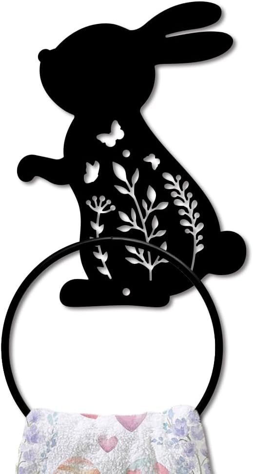 MAYJOYDIY Rabbit Metal Towel Ring Easter Bunny Towel Holder for Wall Leaf Plant Butterfly Towel Ring Black Towel Rack Wall Mounted for Bathroom Kitchen Towel Hanger Home Decors Gift