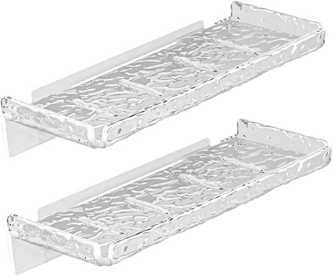 Homoyoyo 2pcs Wall Mount Holder Storage Shelf for Bathroom Transparent Wave Pattern Floating Organizer Rack Wall Shelf for Kitchen Bathroom and Living Storage