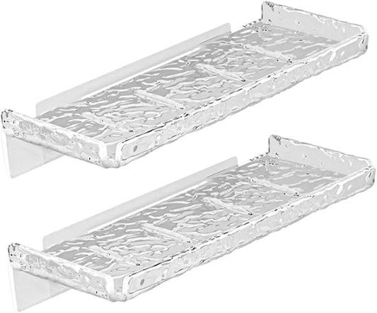 Homoyoyo 2pcs Wall Mount Holder Storage Shelf for Bathroom Transparent Wave Pattern Floating Organizer Rack Wall Shelf for Kitchen Bathroom and Living Storage