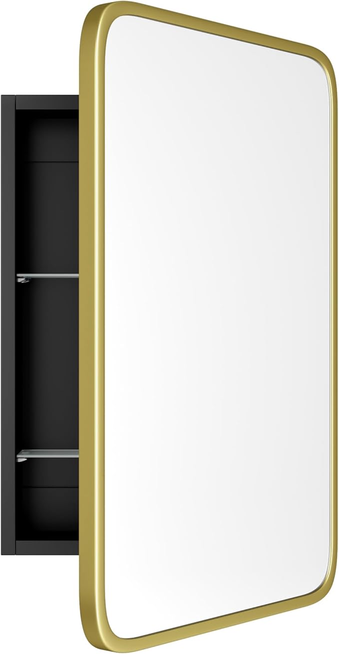 AGDULL Vintage-Style Bathroom Wood Black Cabinet with 16.5''x24'' Brushed Gold Metal Frame Curved Mirror, Recessed Medicine Cabinet, Bathroom Storage Cabinet