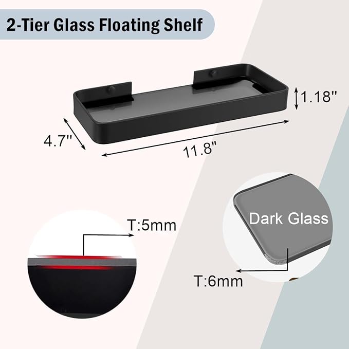 Z metnal Small Glass Bathroom Shelves, Matte Black Floating Shelf, Mini Wall Mounted Shelf (Dark Glass, 11.8 inch/30cm)