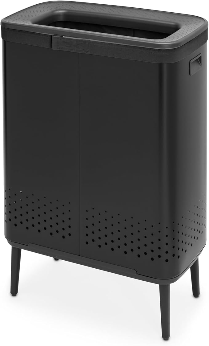 Brabantia Bo Laundry Hamper Hi (Matt Black) 2 Compartment Removable Laundry Bag 2 x 12 Gal, Ventilated Stylish Dirty Clothes Holder, Flat Back, Off-the Ground, Anti-Rust Materials for Bathroom Use