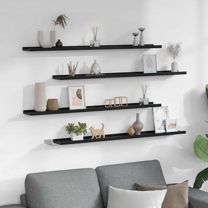 Wall Shelves Set of 4, 39.4 Inch Floating Shelves for Wall Storage, Modern MDF Black Display Ledges for Bedroom, Living Room, Kitchen Organization