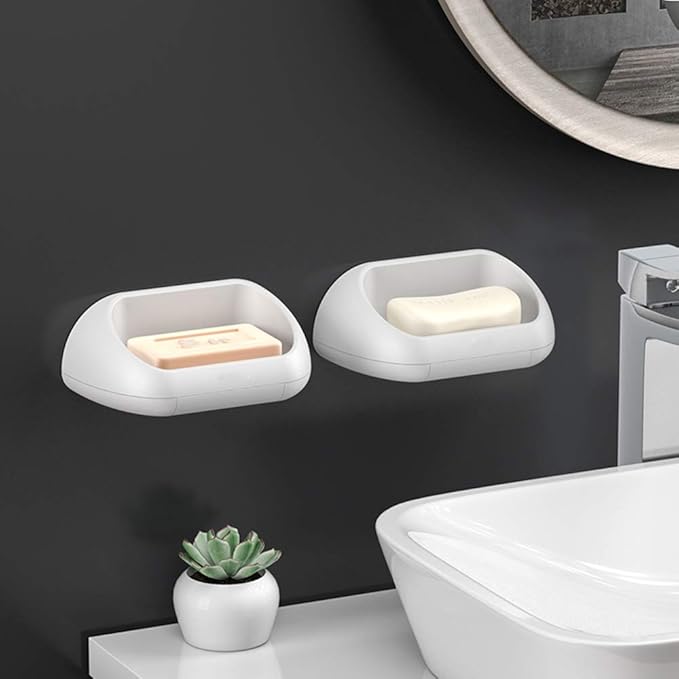 WFF Travel Soap Box, Bathroom Supplies, Multi-Function Automatic Drain Soap Bar, Non-Perforated, with Suction Cup, Wall-Mounted, Set of 2 (Color : B)