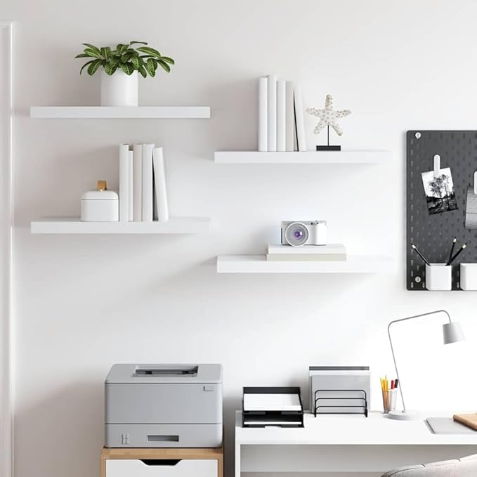 Floating Wall Shelves Set of 4, White Modern Invisible Mounting Display Shelves for Living Room Bedroom, 23.6x9.3 Inches, Honeycomb MDF and Metal Frame, Easy Install, Holds 15.4 lbs Each