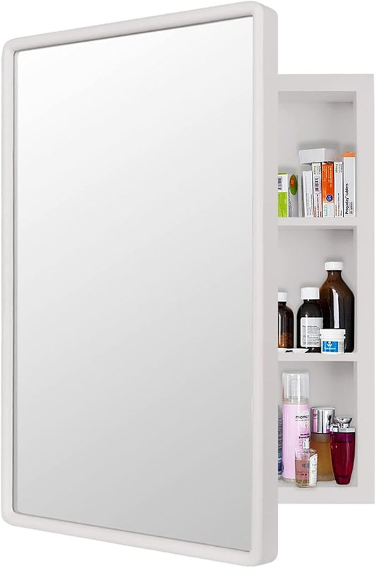 H & A Farmhouse Wood Frame Bathroom Medicine Cabinet, 24''x16'' with Mirror, Surface or Recess Mounted Installation (White)