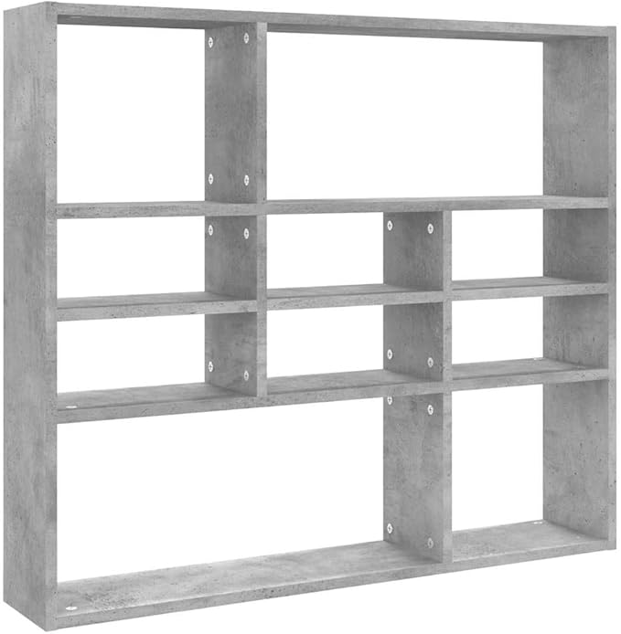 Modern Wall Mounted Floating Shelf, 10-Compartment Concrete Grey Engineered Wood Storage Organizer for Bedroom, Living Room, Display Books and Decor