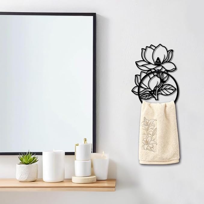 MAYJOYDIY Flower Metal Towel Ring Round Magnolia Denudata Hand Towel Holder Ring Hanger Black Vintage Towels Wall Organizer for Kitchen Bath Home Laundry Room Decors Gifts