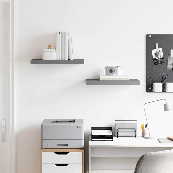 Floating Wall Shelves Set of 2, Modern High Gloss Gray Display Shelves for Living Room & Office, 19.7x9.1 Inches, Invisible Mounting, Holds 15.4 lbs Each, Durable MDF and Metal Frame