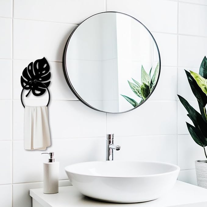 MAYJOYDIY Monstera Leaf Metal Towel Ring Leave Shape Towel Holder Plants Theme Rustic Wall Decor Towel Hanger Black Art Towel Rack Wall Mounted for Bathroom Kitchen Home Decors Gift