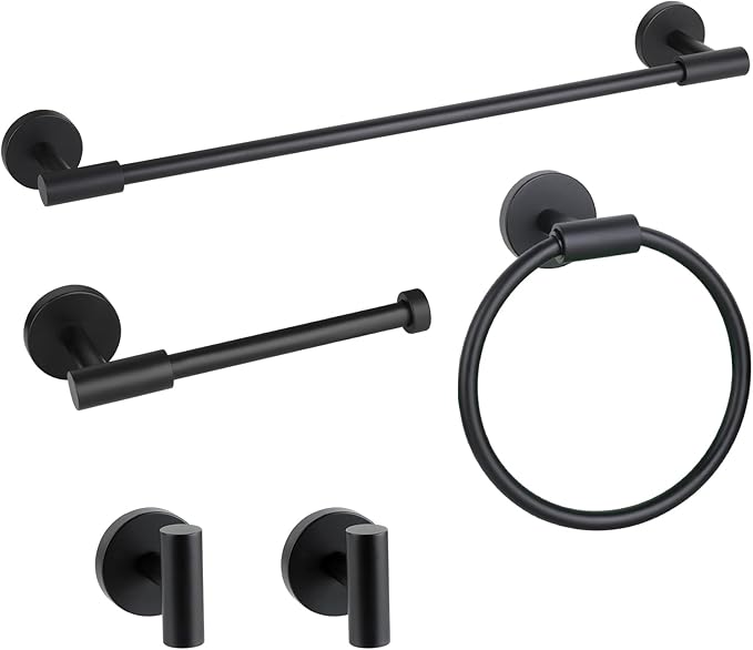Bathroom Hardware Accessories Set 5 PCS, Matte Black Bathroom Towel Bar Racks Set, SUS304 Stainless Steel Bathroom Fixture Set, 19in Towel Bar Bathroom, Toilet Paper Holder, Towel Hooks, Towel Ring